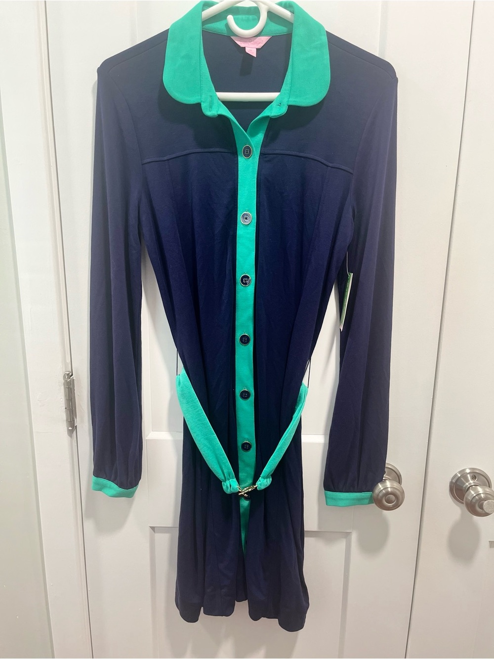 Lilly Pulitzer Navy Long Sleeve Shirt Dress with Teal Trim